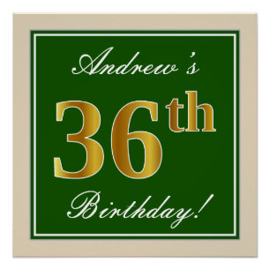 Póster Elegante, verde, falso oro 36 cumpleaños + nombre