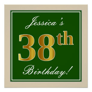 Póster Elegante, verde, falso oro 38 cumpleaños + nombre
