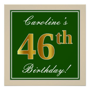 Póster Elegante, verde, falso oro 46 cumpleaños + nombre