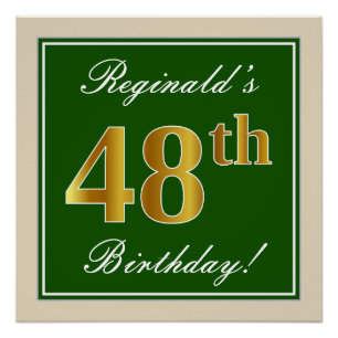 Póster Elegante, verde, falso oro 48 cumpleaños + nombre