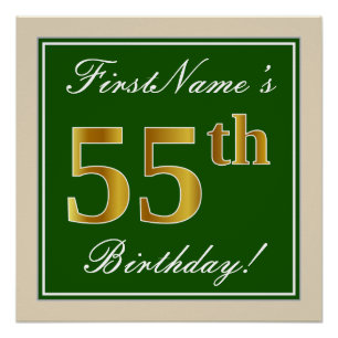 Póster Elegante, verde, falso oro 55 cumpleaños + nombre