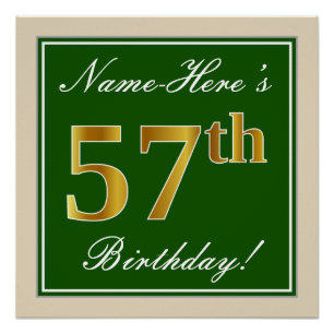 Póster Elegante, verde, falso oro 57 cumpleaños + nombre