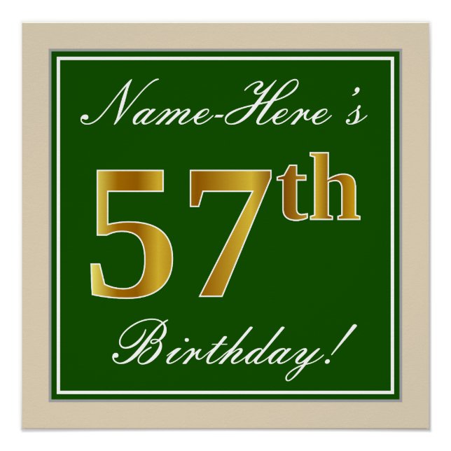 Póster Elegante, verde, falso oro 57 cumpleaños + nombre (Anverso)