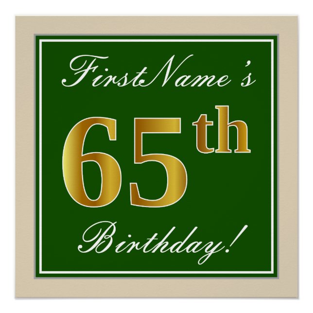Póster Elegante, verde, falso oro 65 cumpleaños + nombre (Anverso)