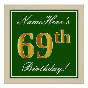 Póster Elegante, verde, falso oro 69 cumpleaños + nombre