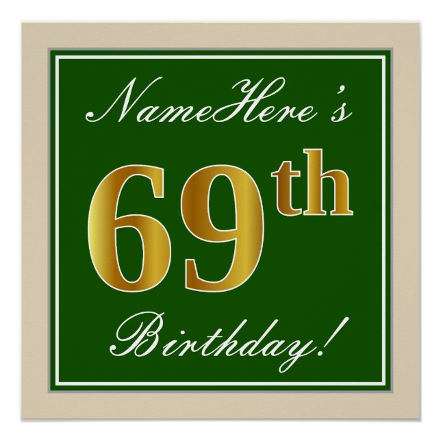 Póster Elegante, verde, falso oro 69 cumpleaños + nombre (Anverso)