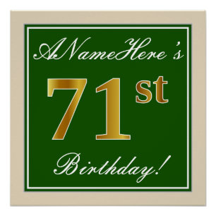 Póster Elegante, verde, falso oro 71 cumpleaños + nombre
