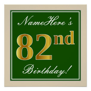 Póster Elegante, verde, falso oro 82 cumpleaños + nombre