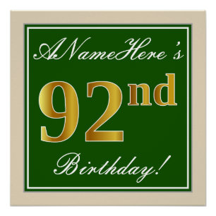 Póster Elegante, verde, falso oro 92 cumpleaños + nombre