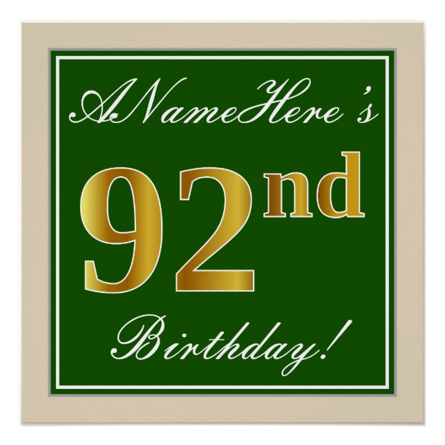 Póster Elegante, verde, falso oro 92 cumpleaños + nombre (Anverso)