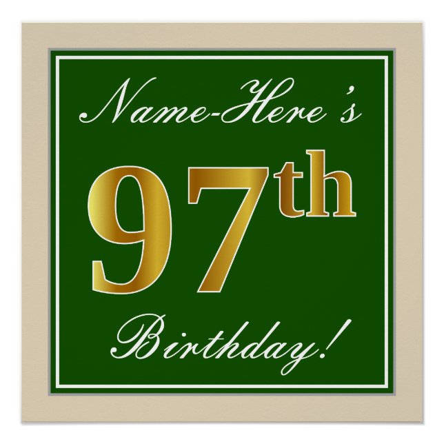 Póster Elegante, verde, falso oro 97 cumpleaños + nombre (Anverso)