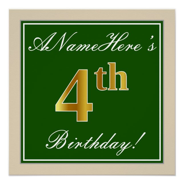 Póster Elegante, verde, falso oro cuarto cumpleaños + nom (Anverso)