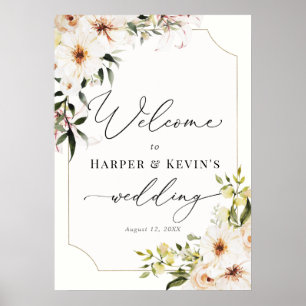 Póster Elegante Verde y Florales de Marfil Bienvenida de 