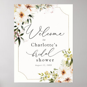 Póster Elegante Verde y Flores Blancas Bienvenida Nupcial