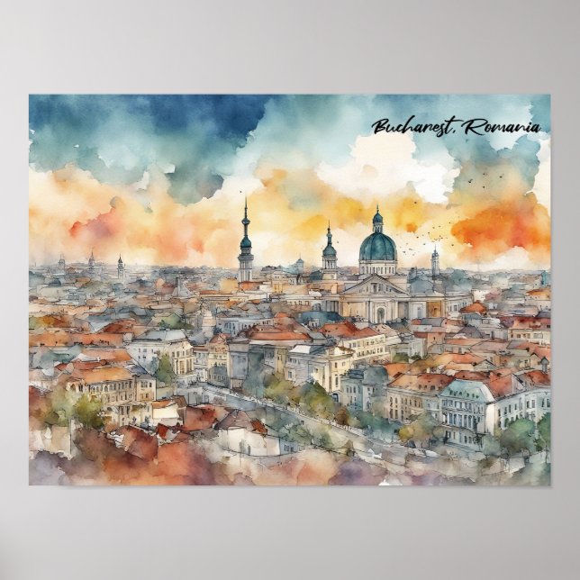 Póster Elegante vista de la ciudad acuática de Bucarest R (Frente)