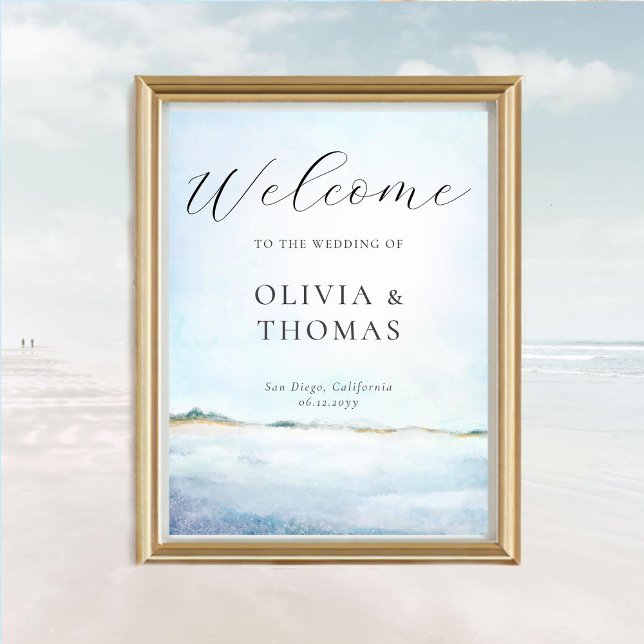 Póster Elegante Watercolor Beach Boda Costero (Wedding welcome poster nautical coastal ocean shore watercolor painted elegant romantic modern chic)