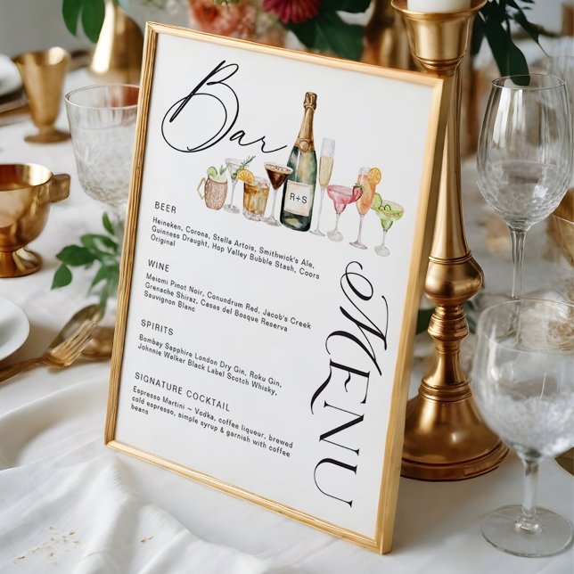 Póster Elegante Watercolor Cocktails Boda Bar Menú (Elegant Watercolor Cocktails Wedding Bar Menu Poster)