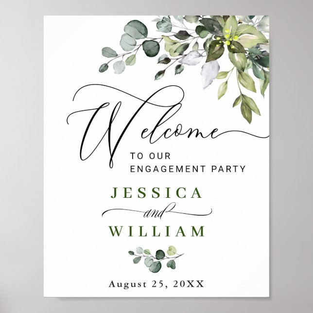 Póster Elegante Watercolor Eucalyptus Engagement Party (Frente)