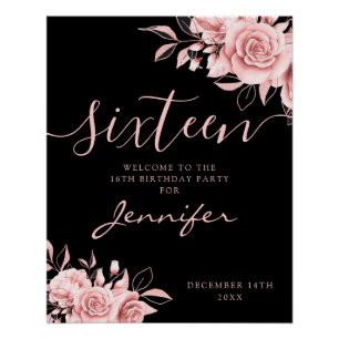 Póster Elegante WELCOME Rosa Dorado Dulces 16 Floral Negr