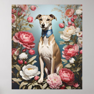 Póster Elegante Whippet Pink Peony Flores fondo azul