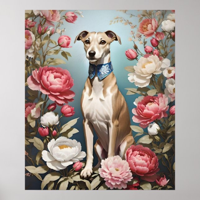 Póster Elegante Whippet Pink Peony Flores fondo azul (Frente)