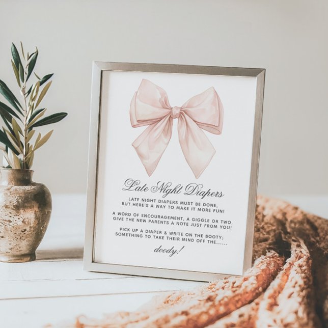 Póster Elegante White Bow Late Night Diapers Baby Shower (Subido por el creador)