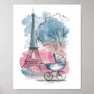 Póster Elegante y Caprichoso Baby Shower Carrito de Bebé