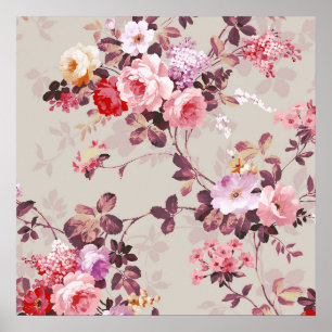 Póster Elegante y pintoresco patrón de Rosas Púrpura Ro