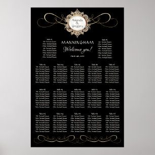 Póster Elegante y simple asiento de Boda negro Swirl Gold