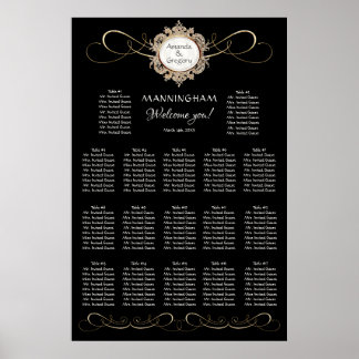 Póster Elegante y simple asiento de Boda negro Swirl Gold