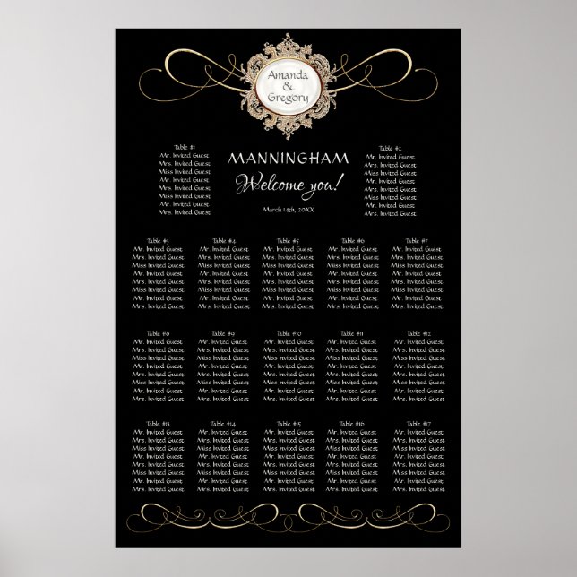 Póster Elegante y simple asiento de Boda negro Swirl Gold (Frente)