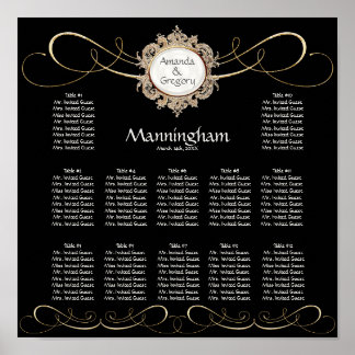 Póster Elegante y simple asiento de Boda negro Swirl Gold