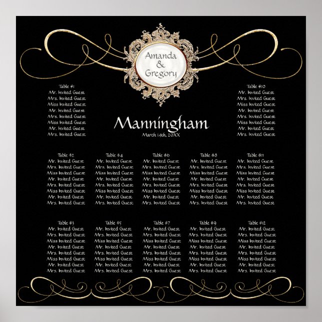 Póster Elegante y simple asiento de Boda negro Swirl Gold (Frente)