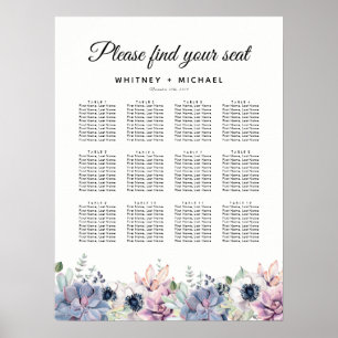 Póster Elegante y suculento cuadro de asientos de Boda fl