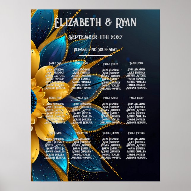 Póster Elegante zafiro y Boda floral de oro (Frente)