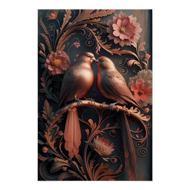 Póster Elegantes Aves Amantes en Bronce 4K Detallado 3D D (Anverso)