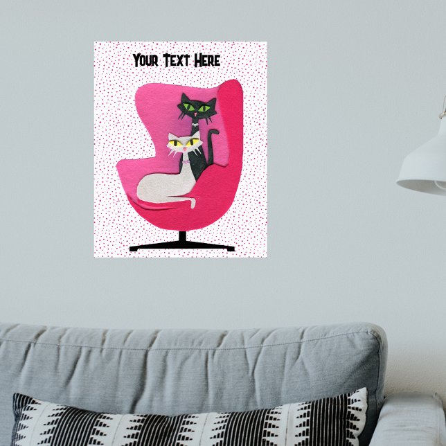Póster Elegantes cuellos de diamantes de gatos con puntos (Elegant cats diamond collars in mid century pink chair on white with pink dots artwork poster.)