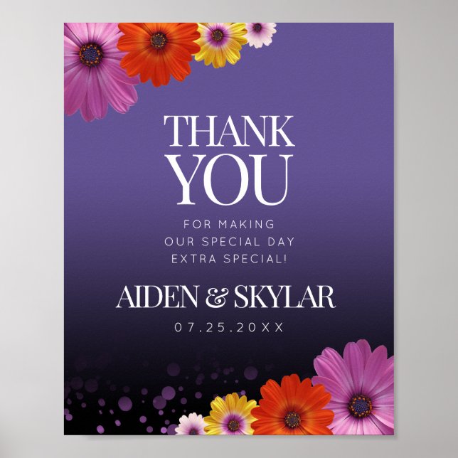 Póster Elegantes Daisies Boda Purpurina Púrpura Gracias (Frente)