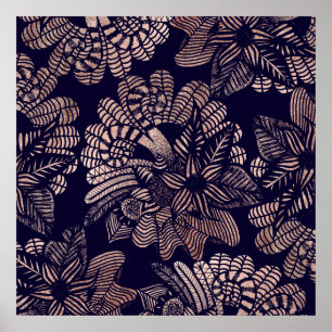 Póster Elegantes dibujos de oro Rosa sobre azul marino