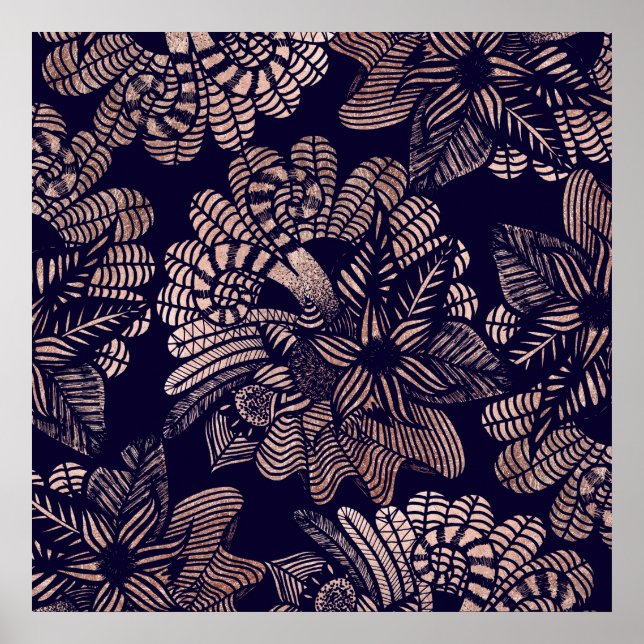 Póster Elegantes dibujos de oro Rosa sobre azul marino (Frente)