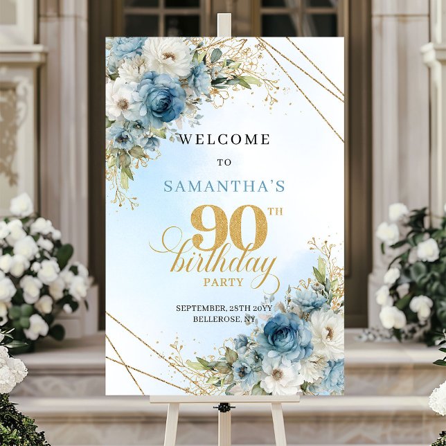 Póster Elegantes flores azules polvorientas marco dorado  (Elegant dusty blue florals gold frame 90th birthday sign

)