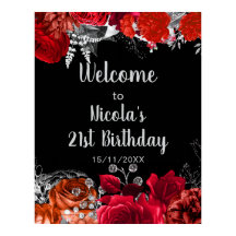 Elegantes flores rojas y plateadas Cumpleaños Part