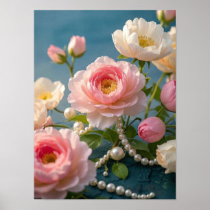 Póster Elegantes flores rosa rosa claro con perlas
