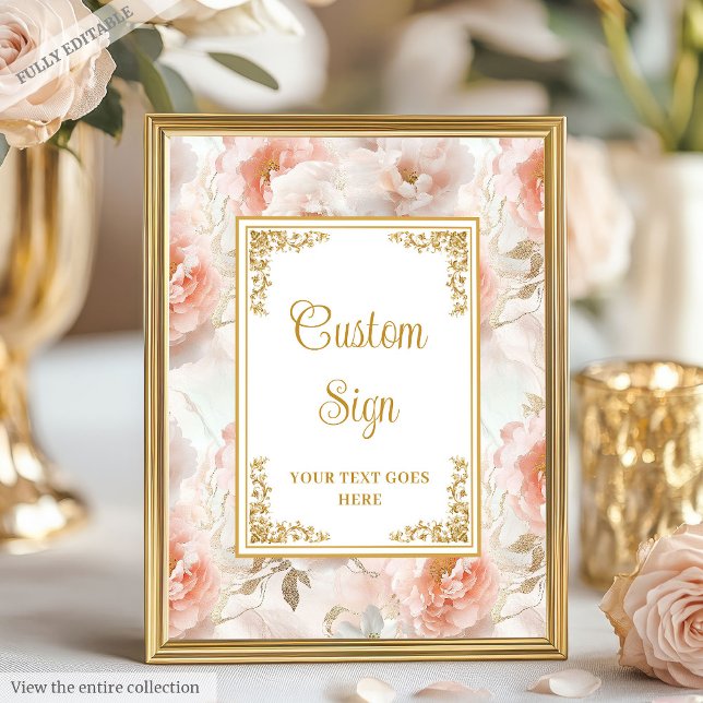 Póster Elegantes flores rubíes y seña personalizado boda  (Elegant blush flowers and gold wedding custom sign)
