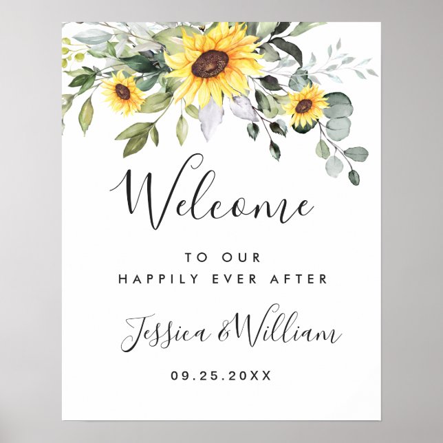Póster Elegantes girasoles Eucalyptus Boda Bienvenida (Frente)