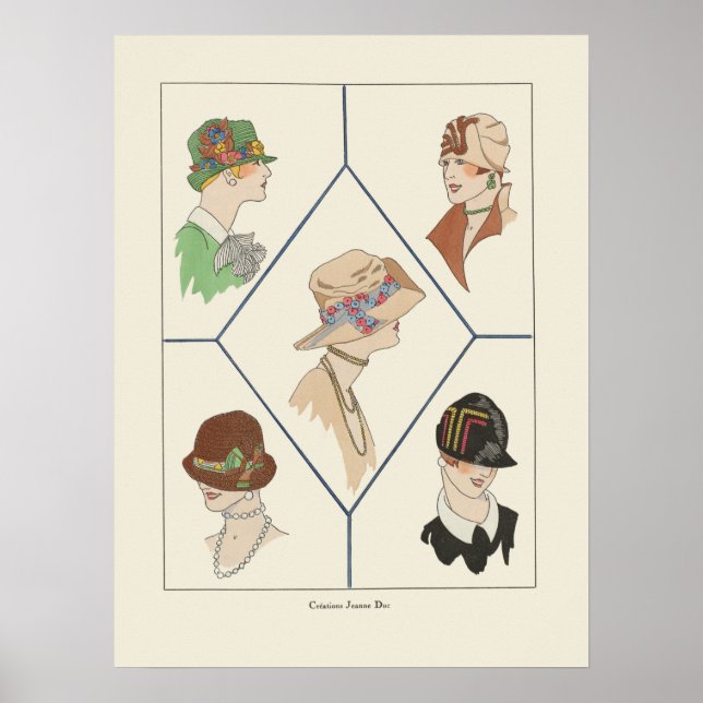 Póster Elegantes Gorras de mujeres Ilustracion francés Ar (Frente)
