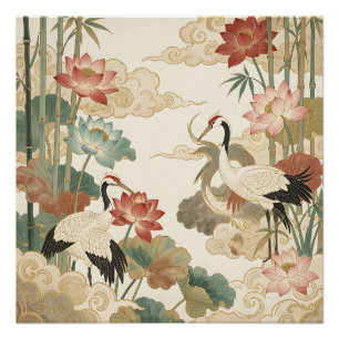 Póster Elegantes grullas loto bambú escena oriental