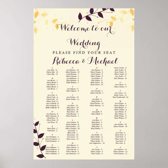 Póster Elegantes hojas doradas púrpura (Frente)