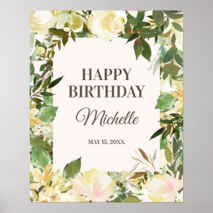 Póster Elegantes Hojas Florales Blancas Fiesta de Cumplea