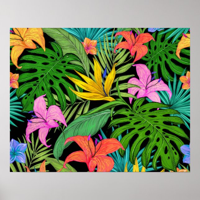 Póster Elegantes hojas tropicales de verano coloridas | (Frente)